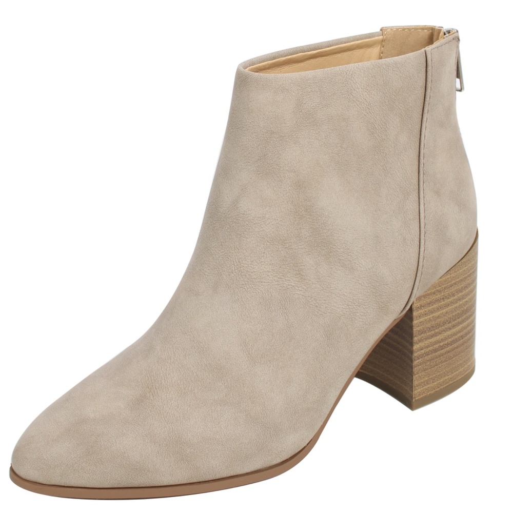 Taupe Faux Nubuck Leather Stacked Block Heel Booti - Picture 2 of 8